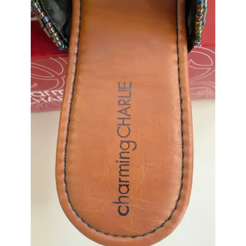 🆕Charming Charlie Beaded T-Strap Slip On Flat Sandals Womens 11 EU 41 Brown NIB